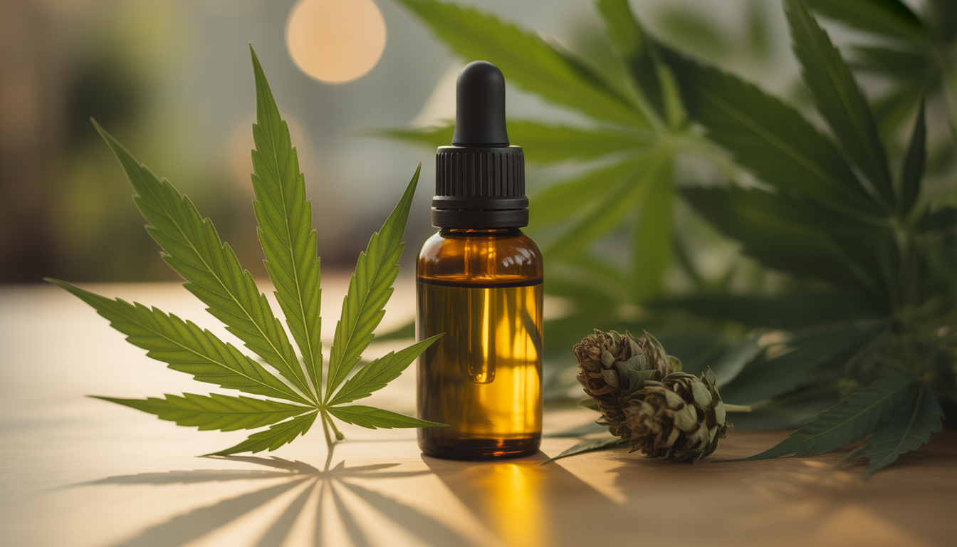 Bouteille d'huile CBD premium entourée de feuilles de chanvre et d'éléments naturels
