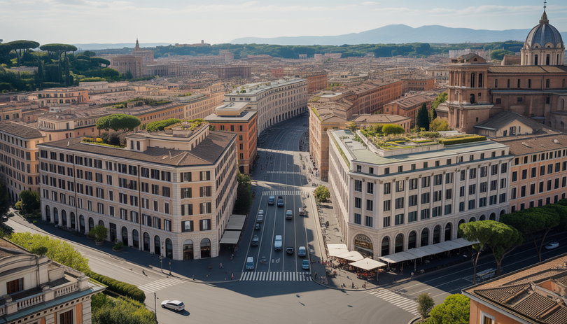 Vue aérienne réaliste du quartier d'affaires de Rome avec bâtiments en pierre claire, toits rouges, cafés animés et dômes historiques