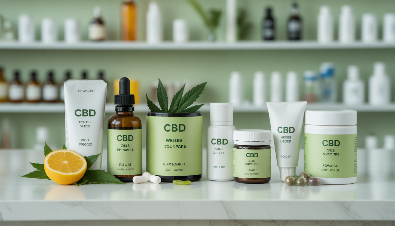 Photographie de produits CBD bien-être sur un comptoir de pharmacie, comprenant huiles, capsules, infusions et cosmétiques en emballages naturels