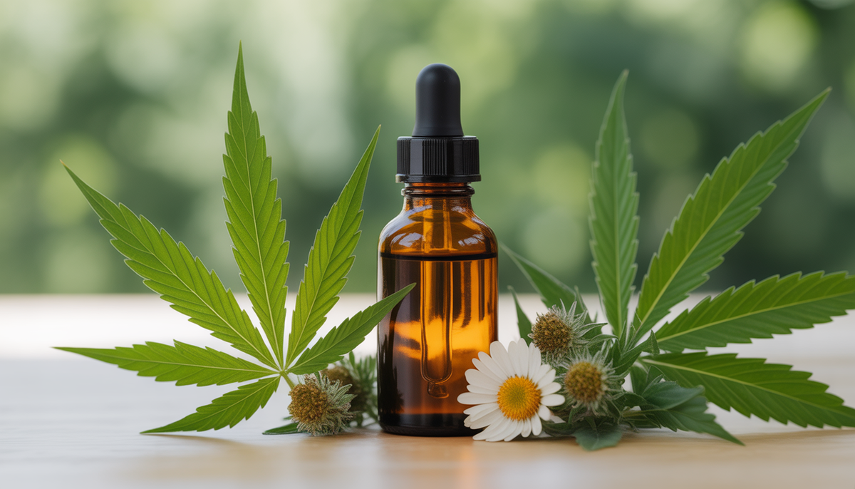 Flacon d'huile de CBD ambré avec pipette entouré de feuilles de chanvre et fleurs bio