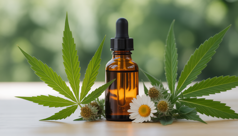 Flacon d'huile de CBD ambré avec pipette entouré de feuilles de chanvre et fleurs bio