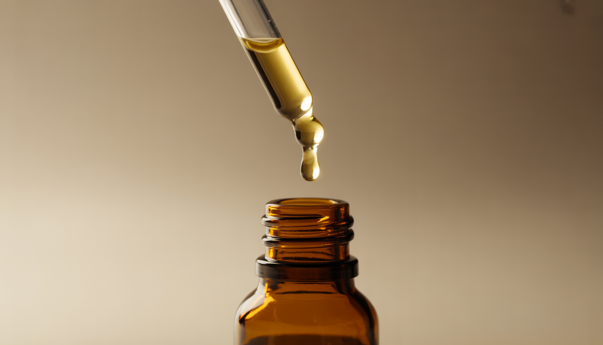 Gouttelettes d'huile de CBD avec pipette et flacon en verre sur fond neutre