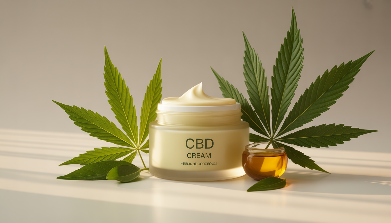 Crème CBD dans un pot élégant entouré de feuilles de chanvre et huiles essentielles