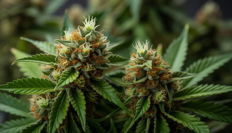 Gros plan macro sur des fleurs de CBD riches en résine aux teintes vertes et orangées, avec trichomes cristallisés mis en valeur par la lumière naturelle du soleil