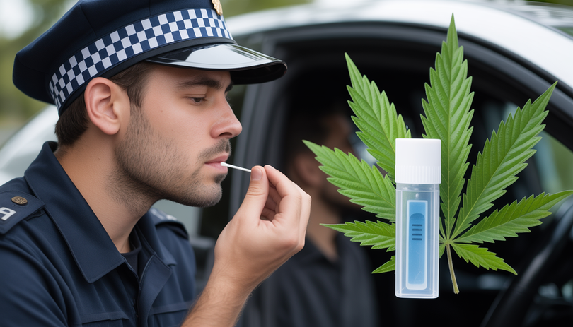 Gros plan d'un kit de test salivaire de dépistage de drogues posé à côté d'une feuille de chanvre CBD verte, dans un contexte de contrôle routier par un policier, photographie documentaire réaliste