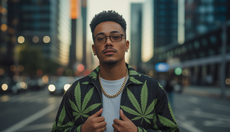 Portrait d'un entrepreneur urbain confiant en tenue streetwear, debout dans un cadre citadin moderne avec un éclairage atmosphérique à l'heure dorée et des motifs de feuilles de cannabis subtilement intégrés en arrière-plan