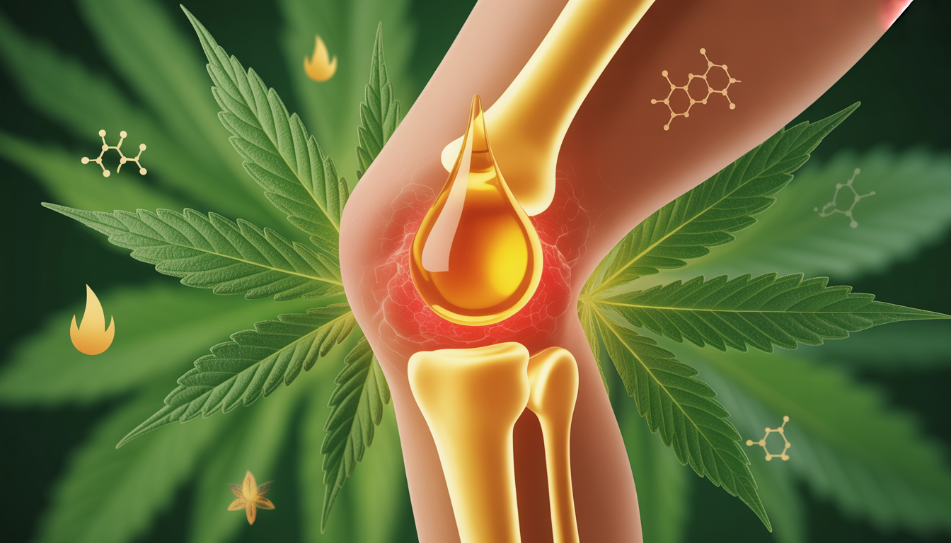 Genou humain enflammé avec goutte dorée de CBD et feuilles de cannabis