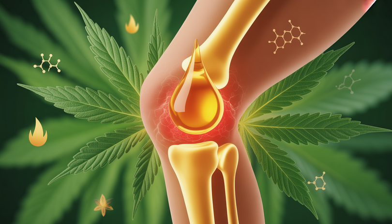 Genou humain enflammé avec goutte dorée de CBD et feuilles de cannabis