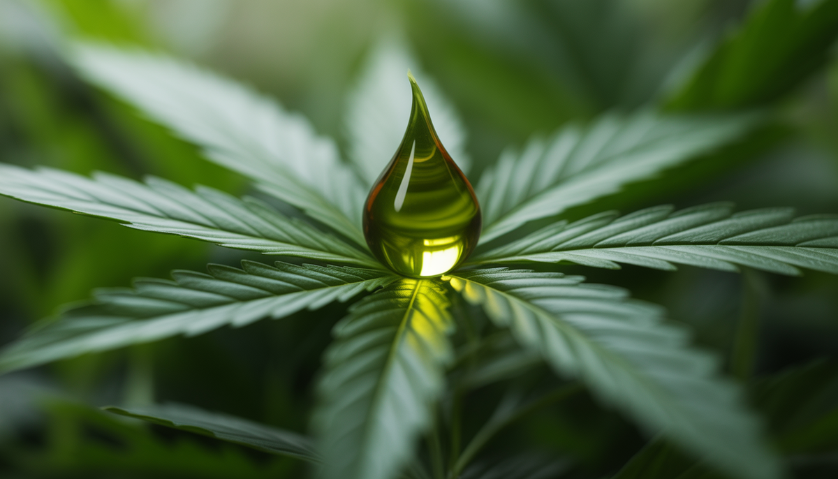 Goutte d'huile de CBD pure sur une feuille de chanvre dans un style photoréaliste entourée d'éléments naturels apaisants