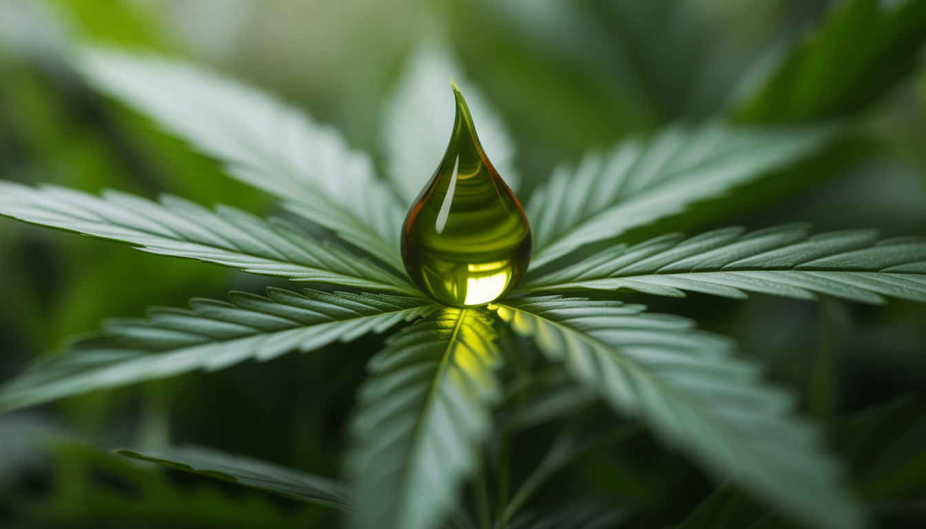 Goutte d'huile de CBD pure sur une feuille de chanvre dans un style photoréaliste entourée d'éléments naturels apaisants