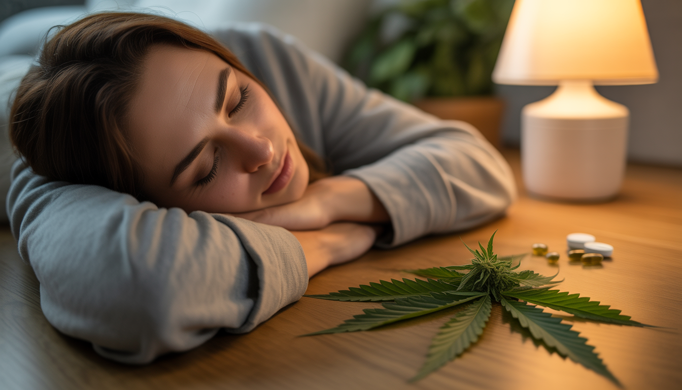 Personne détendue endormie près de feuilles de chanvre et pilules de CBD