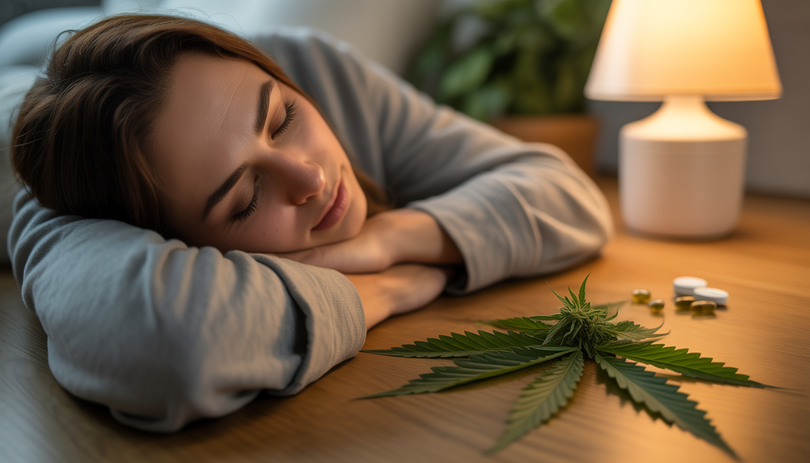 Personne détendue endormie près de feuilles de chanvre et pilules de CBD