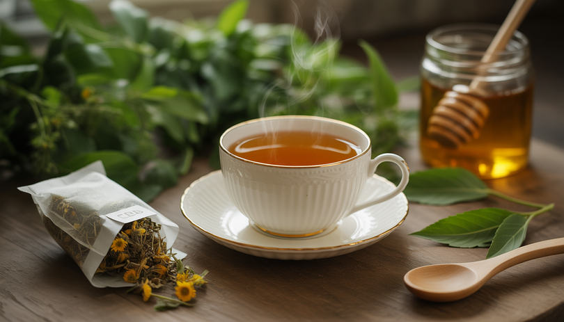 CBD herbal tea in white porcelain cup with saucer, steaming and surrounded by natural elements