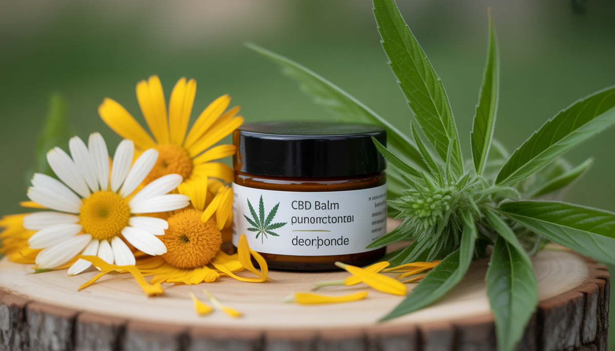 Pot de baume au CBD sur une surface naturelle avec fleurs d'arnica, pétales de calendula et feuilles de chanvre