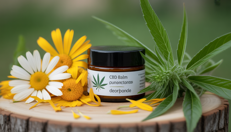 Pot de baume au CBD sur une surface naturelle avec fleurs d'arnica, pétales de calendula et feuilles de chanvre