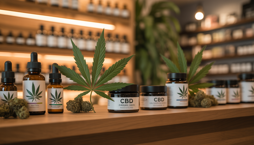 Présentation de produits CBD sur étagères en bois dans une boutique cosy