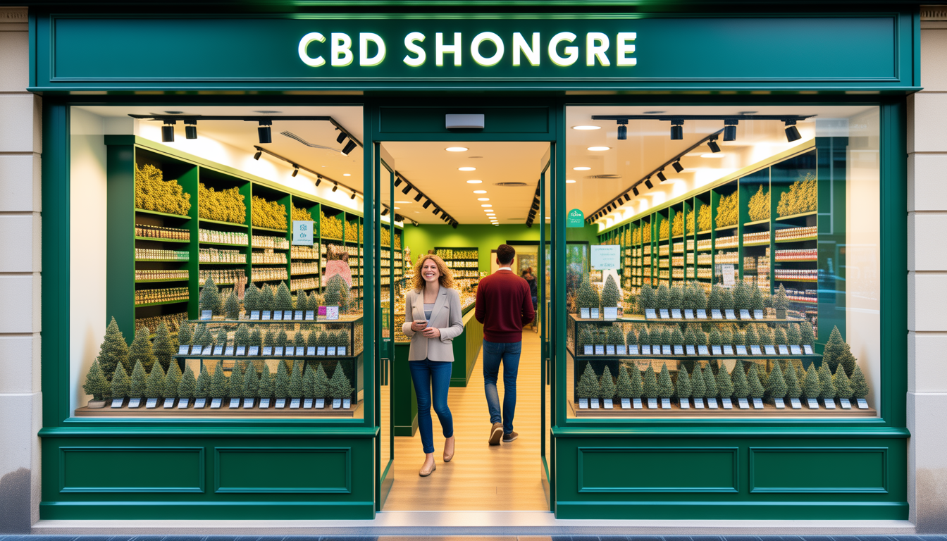 Devanture lumineuse et accueillante de la boutique CBD Chanvrery à Chambéry, avec une grande vitrine présentant des fleurs et résines CBD premium, des clients souriants entrant dans le magasin et un intérieur moderne visible depuis l'extérieur