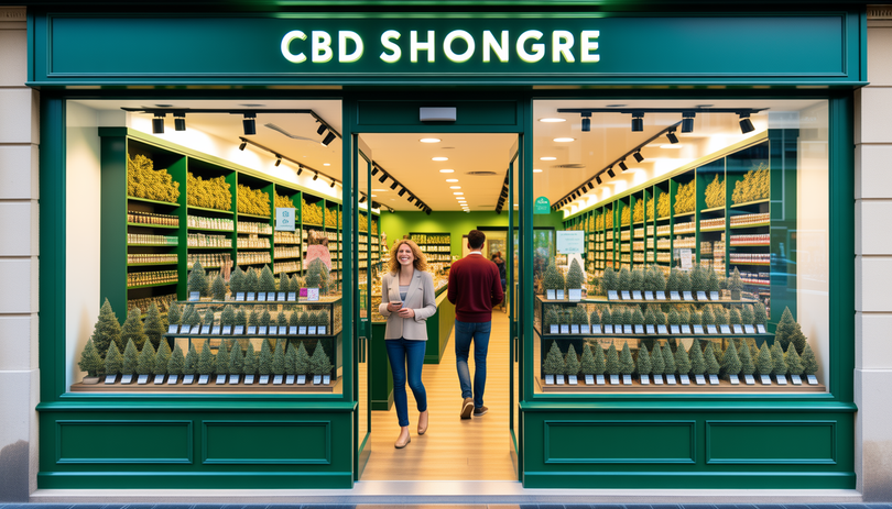 Devanture lumineuse et accueillante de la boutique CBD Chanvrery à Chambéry, avec une grande vitrine présentant des fleurs et résines CBD premium, des clients souriants entrant dans le magasin et un intérieur moderne visible depuis l'extérieur