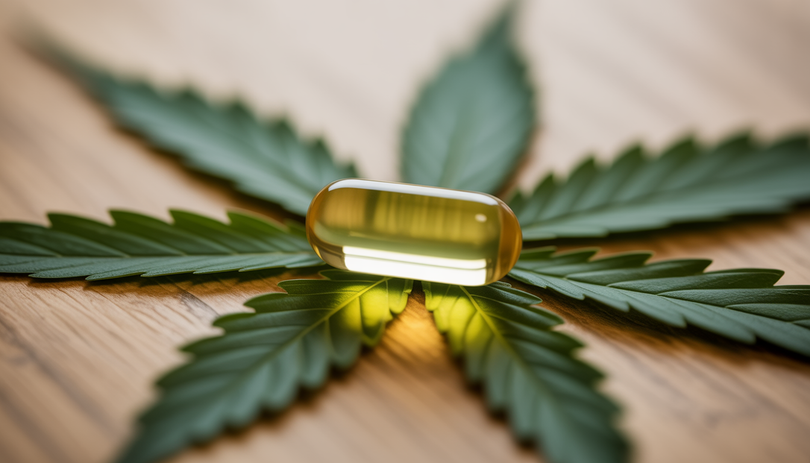 Gélule d'huile de CBD translucide sur feuille de chanvre