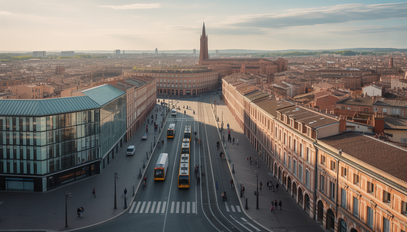 Centre-ville de Toulouse au style photoréaliste avec bâtiments modernes et historiques, trams et passants