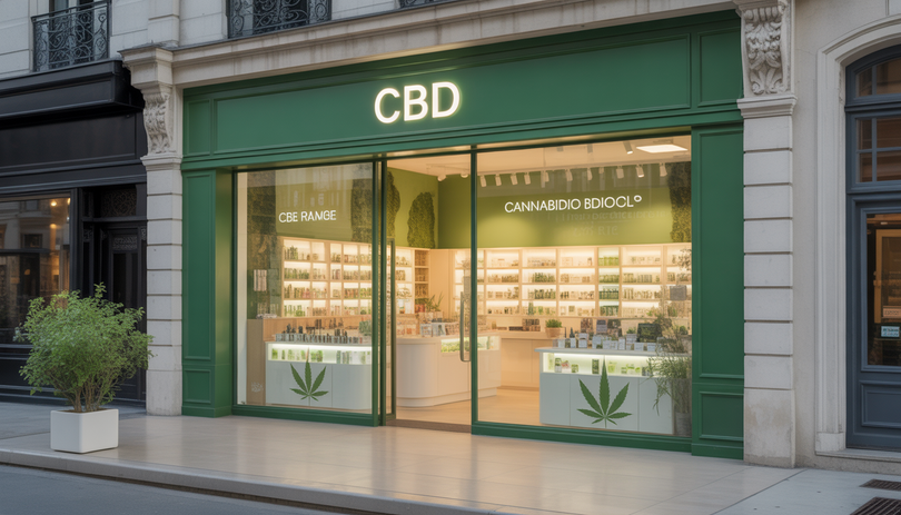Devanture photoréaliste d'une boutique CBD à Reims avec vitrines en verre affichant huiles, crèmes et produits naturels au cannabidiol