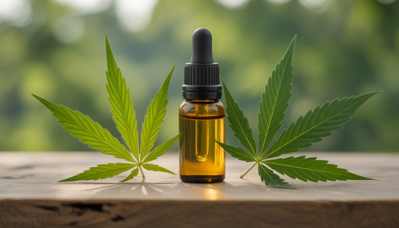 Photographie d'une bouteille de 10ml d'huile CBD avec liquide doré sur fond rustique et feuilles de chanvre