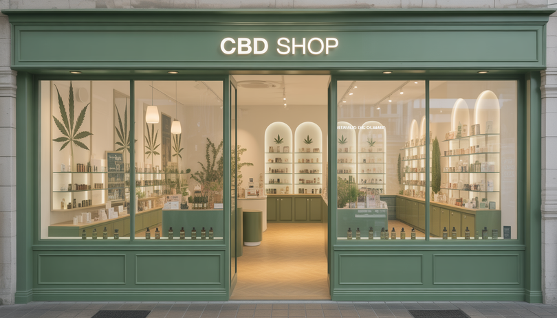 Devanture d'une boutique CBD moderne dans une ville française, avec une vitrine élégante présentant des produits au chanvre naturel, un éclairage chaleureux et une décoration minimaliste verte et blanche