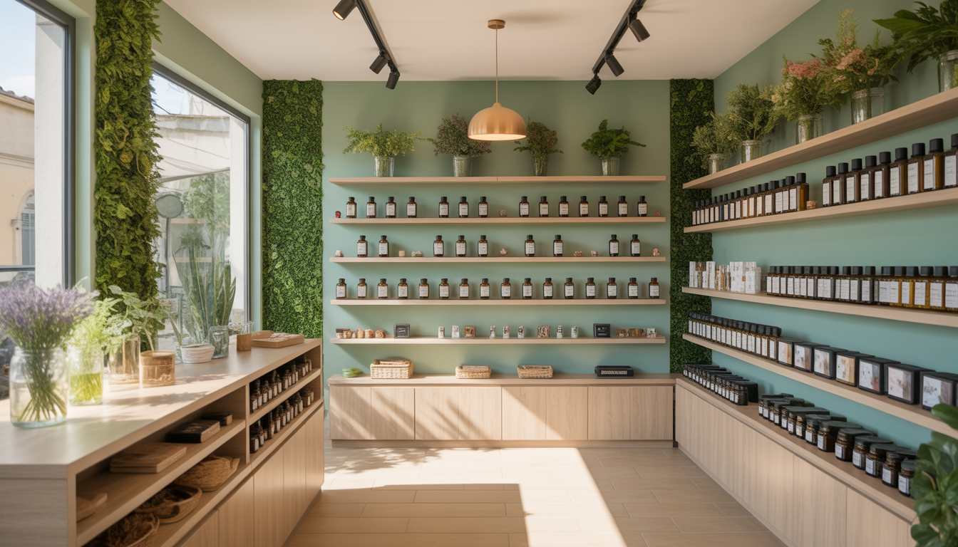 Intérieur d'une boutique CBD moderne dans le sud de la France avec des étagères en bois naturel présentant des fleurs de CBD en bocaux en verre, des bouteilles d'huile de chanvre et des produits bien-être, dans une atmosphère lumineuse et accueillante