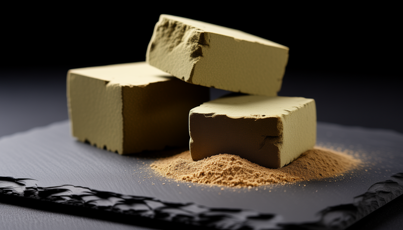 Deux blocs de hash CBD posés sur une ardoise noire, fond blanc, prise de vue macro révélant une texture sableuse et une couleur brun profond, éclairage studio doux