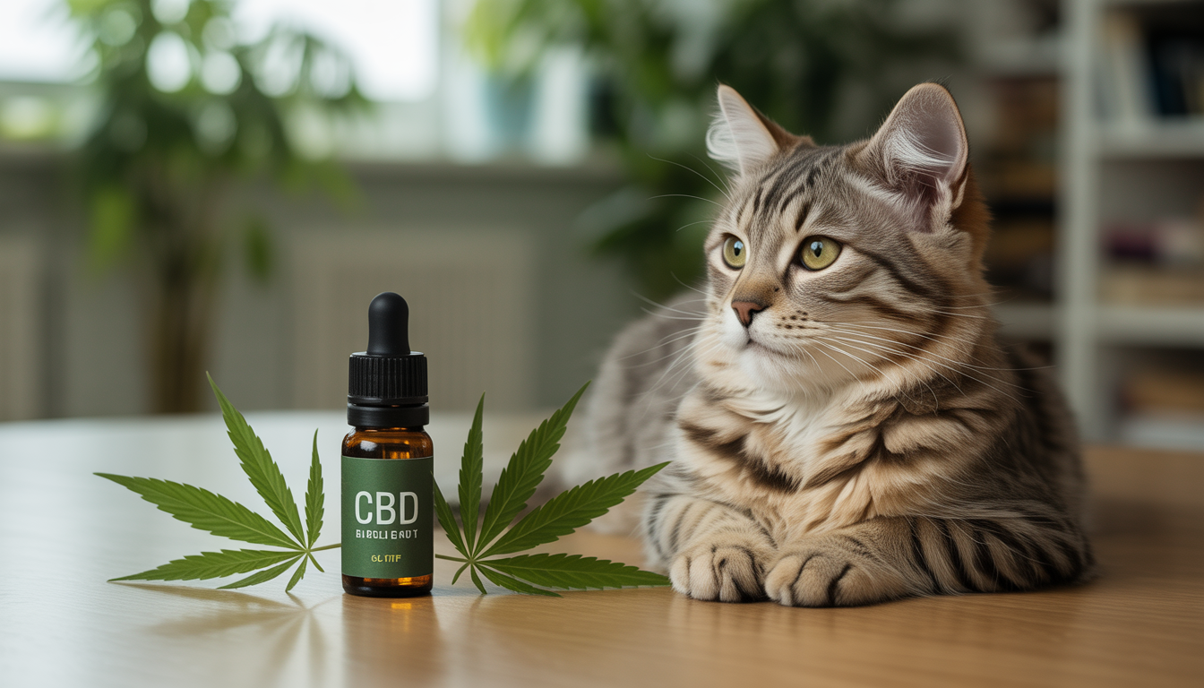 Chat allongé près d’un flacon d’huile de CBD entouré de feuilles de chanvre