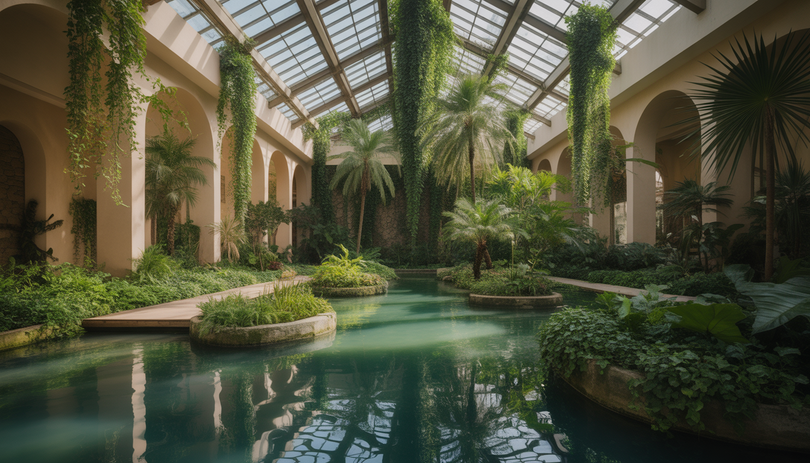 Photorealistic indoor tropical atrium with lush greenery