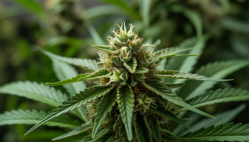 Gros plan macro sur une fleur de cannabis CBD Amnesia aux trichomes verts et ambrés, éclairage naturel doux, fond botanique flou, photographie produit professionnelle Chanvrery