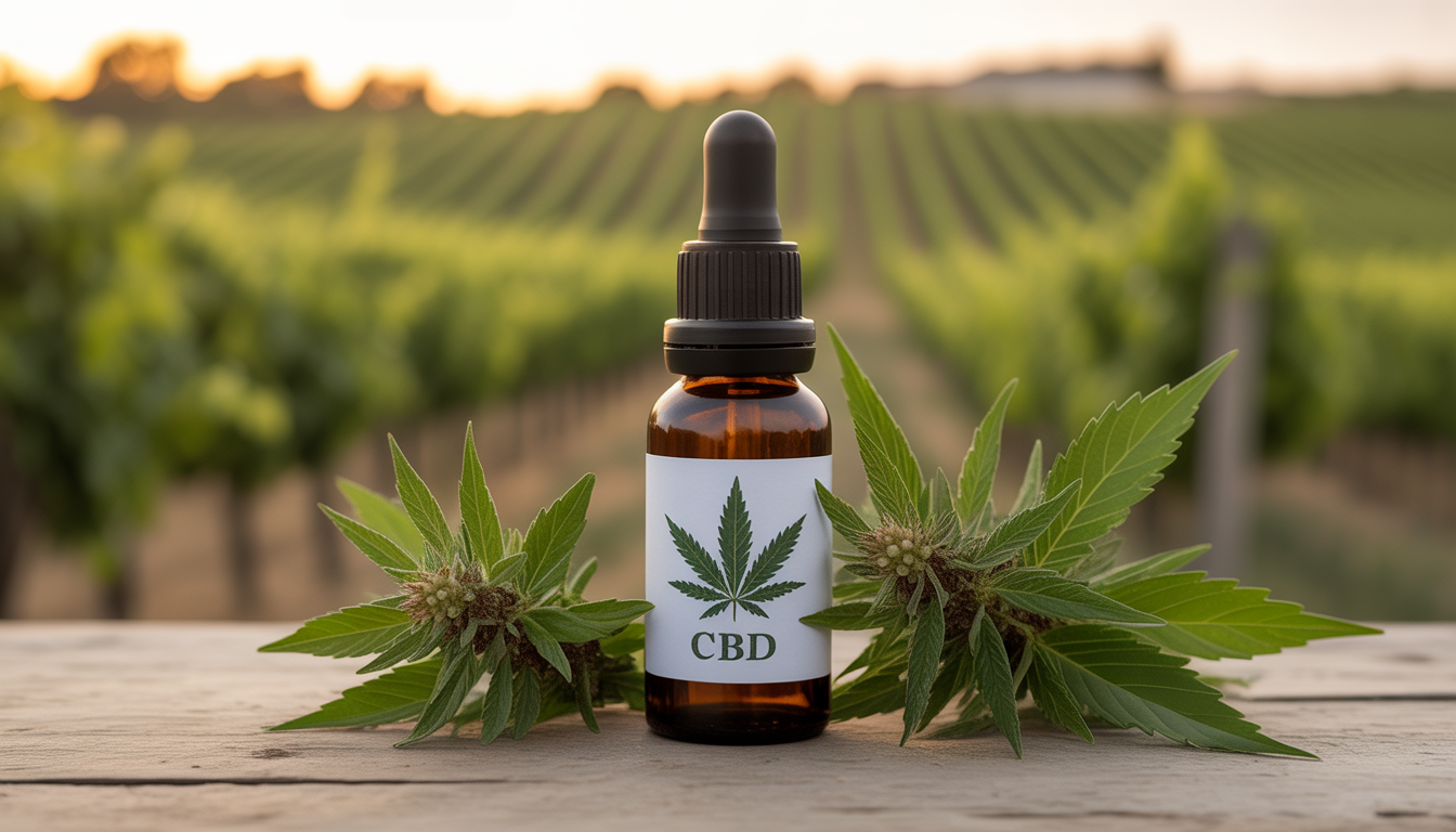 Flacon d’huile de CBD sur table en bois devant vignoble au soleil couchant