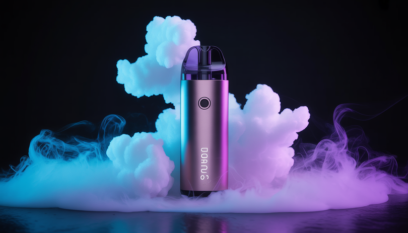 Dispositif puff CBD moderne sur fond sombre avec nuages de vapeur lumineux tourbillonnants, finition métallique élégante et éclairage studio dramatique aux reflets bleus et violets