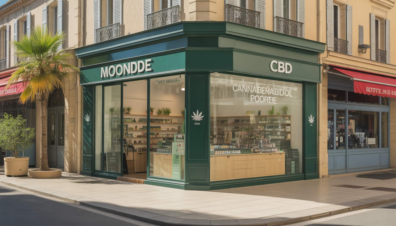 Magasin de CBD moderne à Montpellier avec huiles naturelles en arrière-plan d’architecture du sud de la France