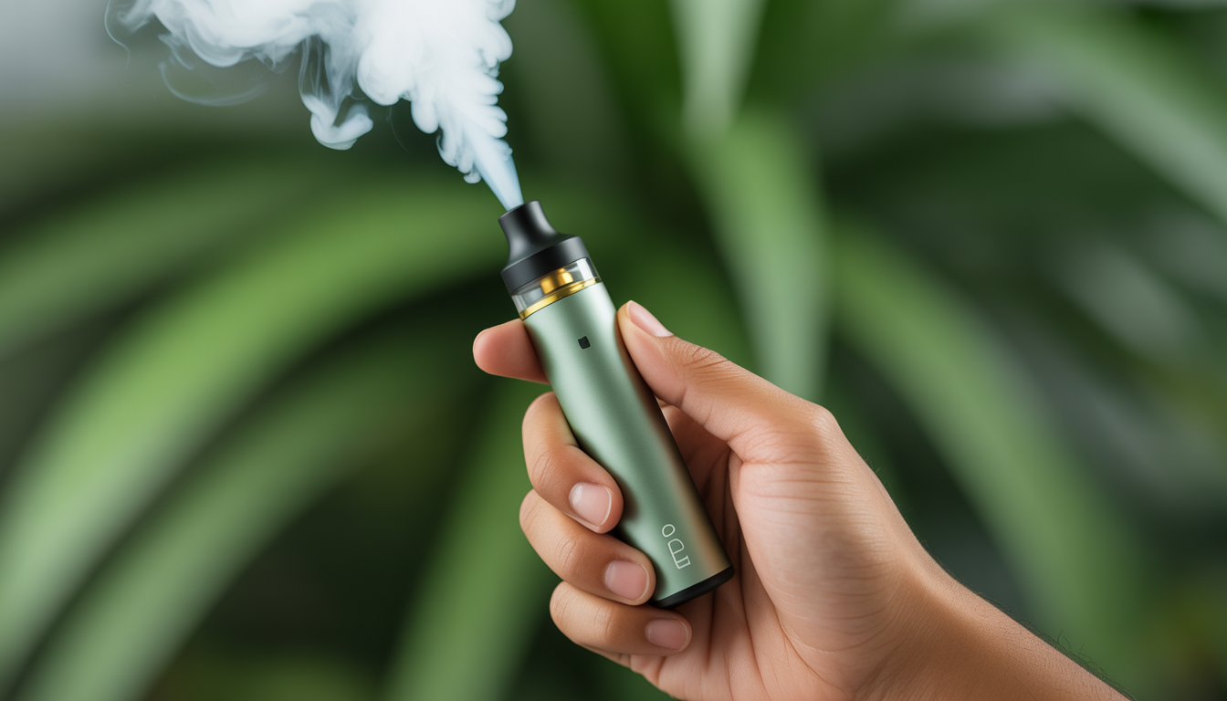 CBD vape pen tenu dans la main avec un fond naturel et vapeur