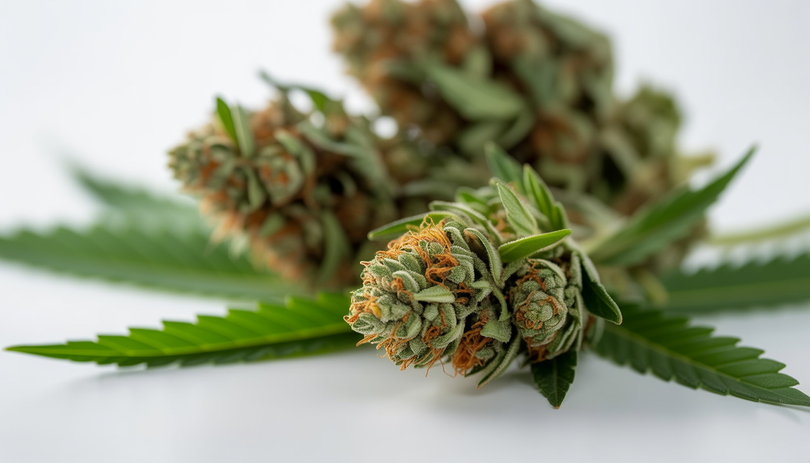 Gros plan macro sur du trim CBD naturel avec petites feuilles, fragments de fleurs et trichomes visibles sur fond blanc épuré, éclairage doux et professionnel