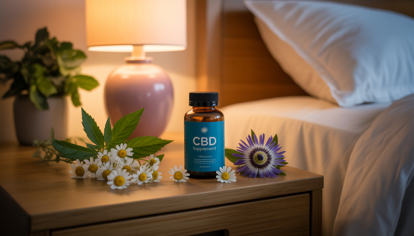 Flacon de CBD posé sur une table de nuit entouré de camomille et passiflore, éclairage doux dans une chambre cosy de nuit
