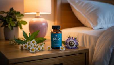 CBD en flacon sur table de nuit, ambiance chaleureuse