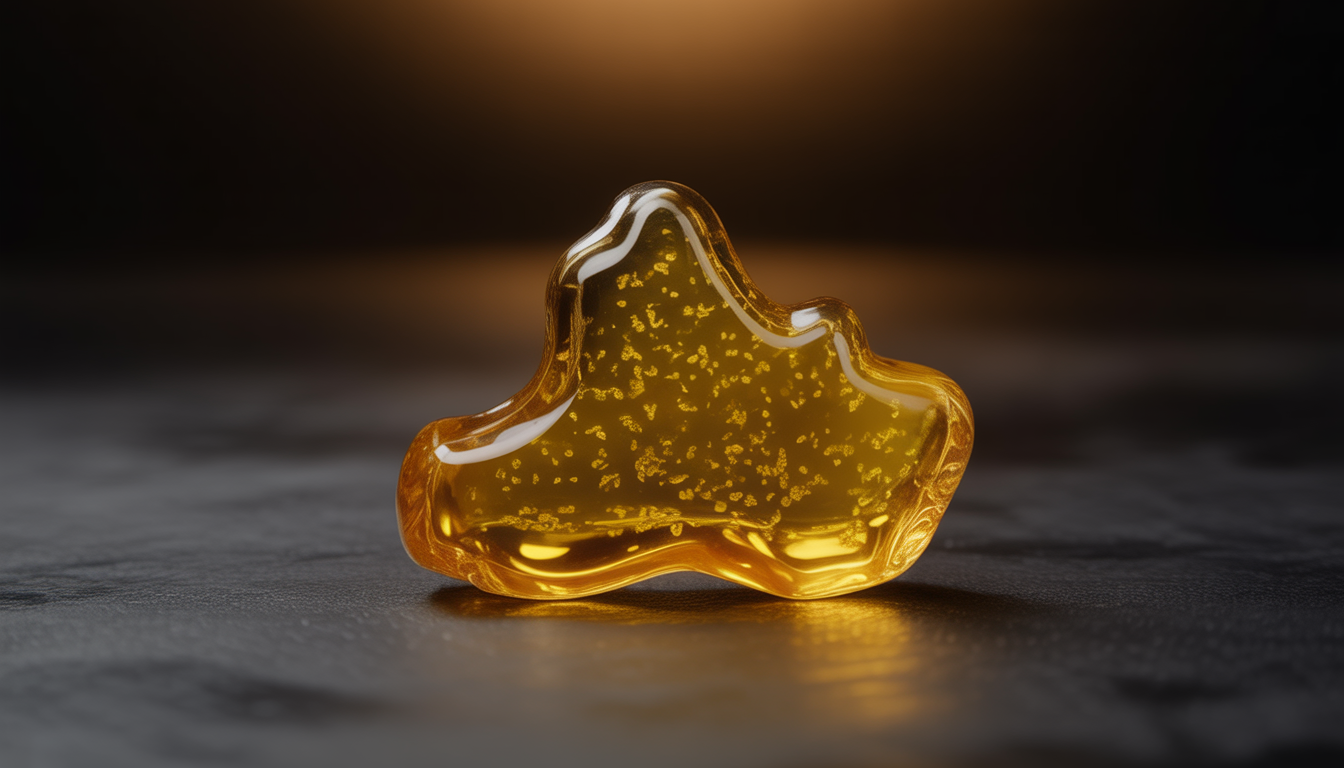 Gros plan d'un concentré de résine CBD sur fond sombre, texture ambrée dorée avec des détails cristallins, éclairage studio doux, effet macro professionnel