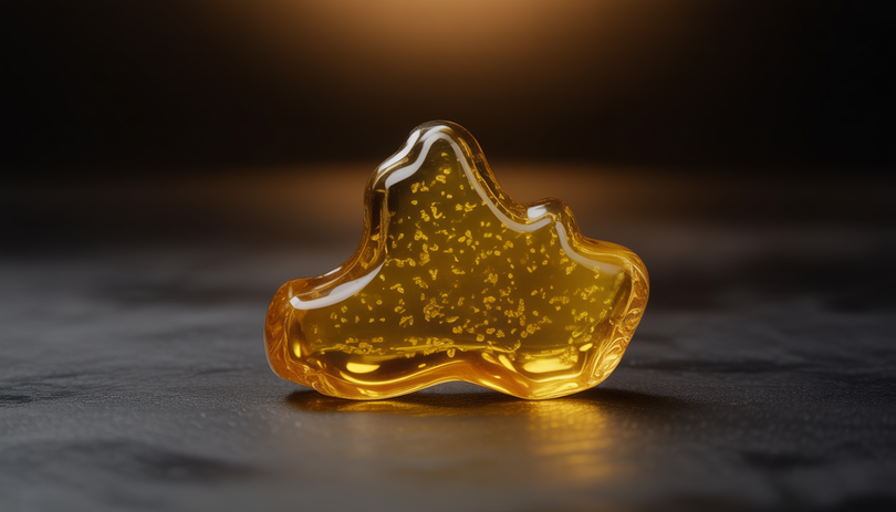 Gros plan d'un concentré de résine CBD sur fond sombre, texture ambrée dorée avec des détails cristallins, éclairage studio doux, effet macro professionnel