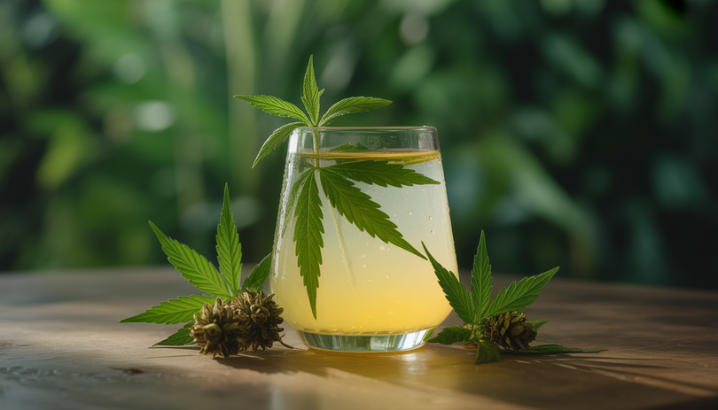 Boisson au CBD avec gouttelettes sur verre, fond verdoyant