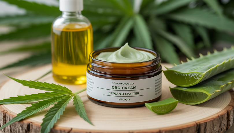Pot de crème CBD sur fond naturel avec aloe vera et huile de chanvre
