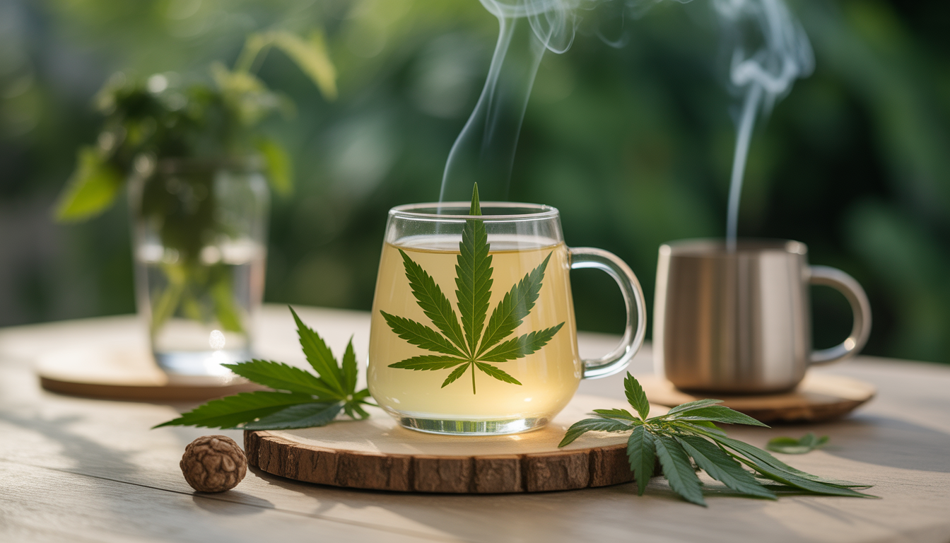 Canette élégante de boisson au CBD sur table en bois avec feuilles de chanvre fraîches et tasse fumante