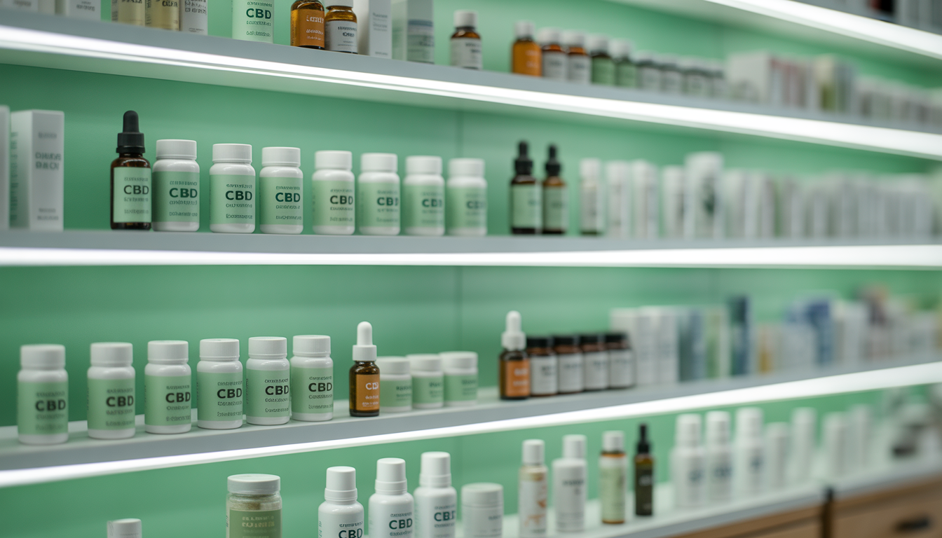 Photo professionnelle de produits CBD en pharmacie, bien rangés