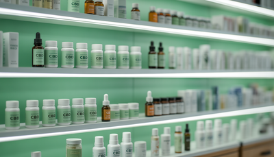 Produits CBD en rayons de pharmacie modernes