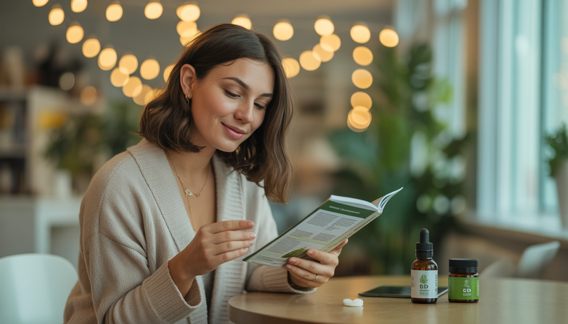 Une femme consulte des informations sur les produits CBD, avec une bouteille d'huile CBD et un baume Chanvrery posés sur une table, dans une atmosphère chaleureuse et apaisante.