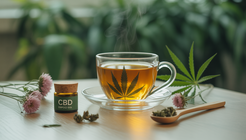 Tasse de tisane de chanvre fumante entourée de fleurs séchées et d'huile de CBD