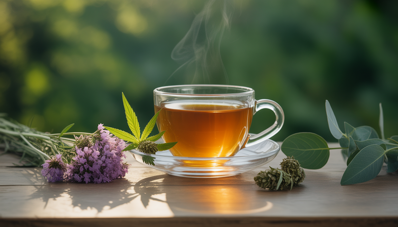 Tasse fumante de tisane au CBD entourée de chanvre, verveine et eucalyptus sur une table en bois éclairée naturellement