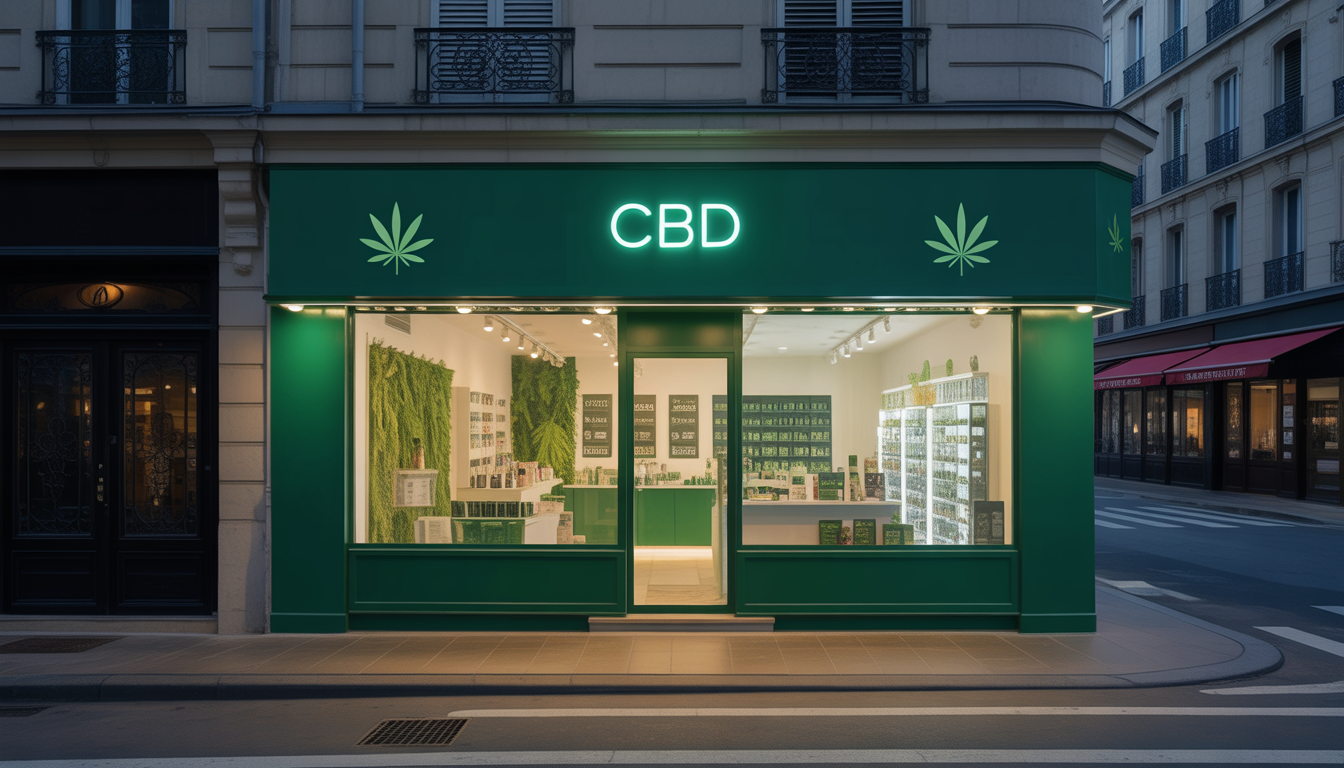 Devanture moderne d'une boutique CBD Chanvrery dans une ville française, éclairée par des néons lumineux la nuit, avec une vitrine élégante présentant des produits au chanvre